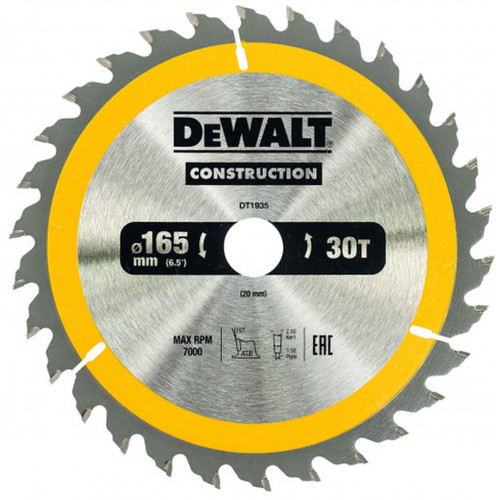 DeWALT DT1935-QZ Construction Körfűrészlap kézi körfűrészekhez 165x20mm, 30 fog WZ 10°